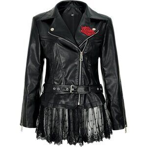 Womens Faux Leather Lace Moto Jacket Vintage Peplum Rose Riding Style Coat